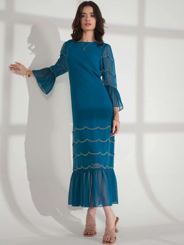Rose & Nancy Georgina Teal Scallop Bead Midi Dress