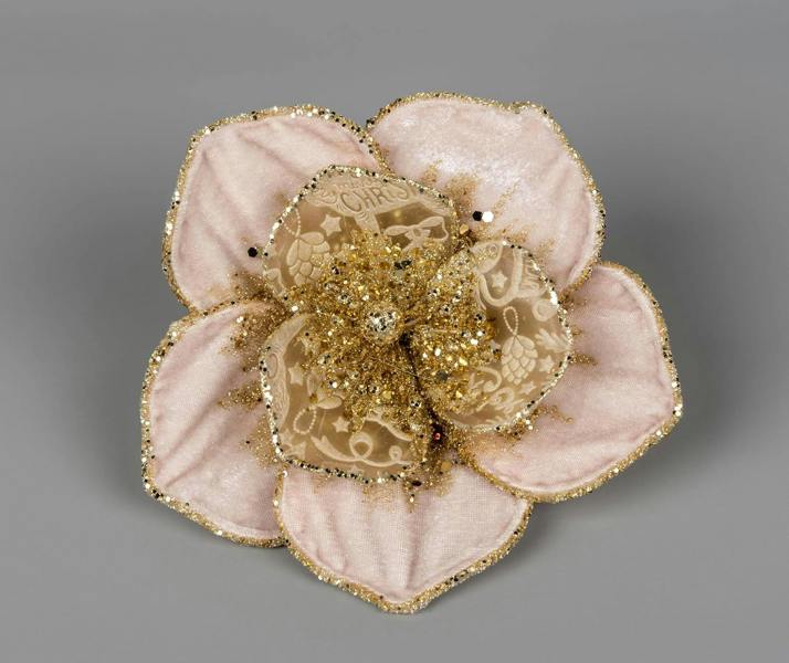 15cm Glitter Poinsettia Christmas Decoration with Metal Clip, Rose Gold Velvet Net, 6 Pack image 3