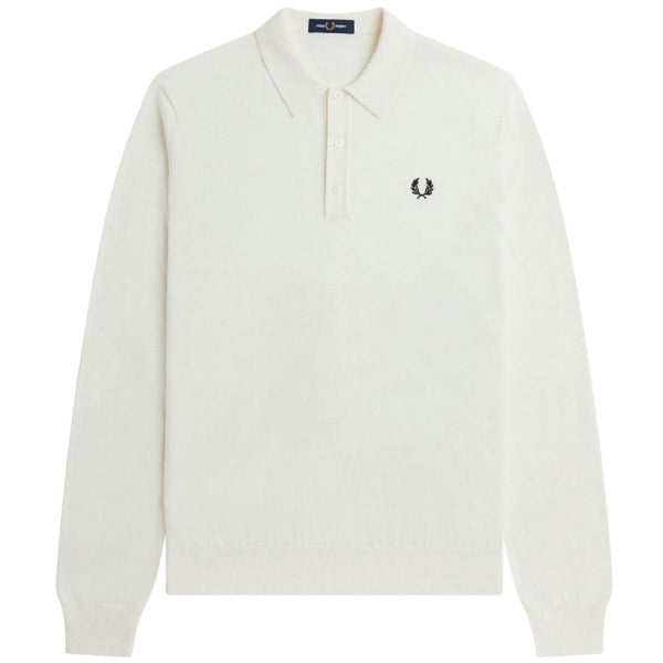 Fred Perry Plain White Long Sleeve Knitted Polo Shirt XS