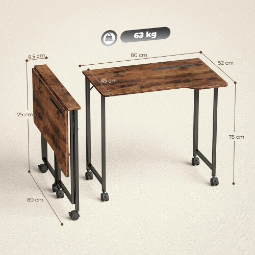 Wyld Haus Zika 80cm Wooden Rustic Brown Folding Desk Lockable Wheels