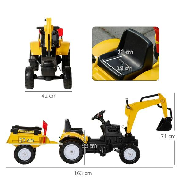 Yellow and black ride-on construction tractor with bucket and extended arm
