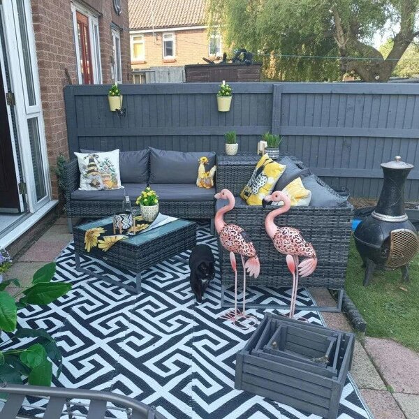 4pc Garden Rattan Wicker Outdoor Furniture Patio Corner Sofa Love Seat and Table Set with Cushions Side Desk Storage, Mixed Grey