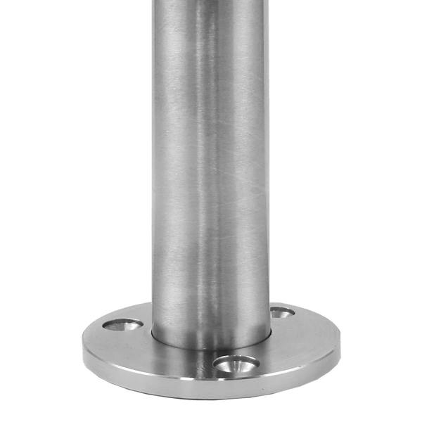 Stainless steel balustrade end post, 90cm high, featuring a sleek cylindrical design with a polished finish and sturdy base plate