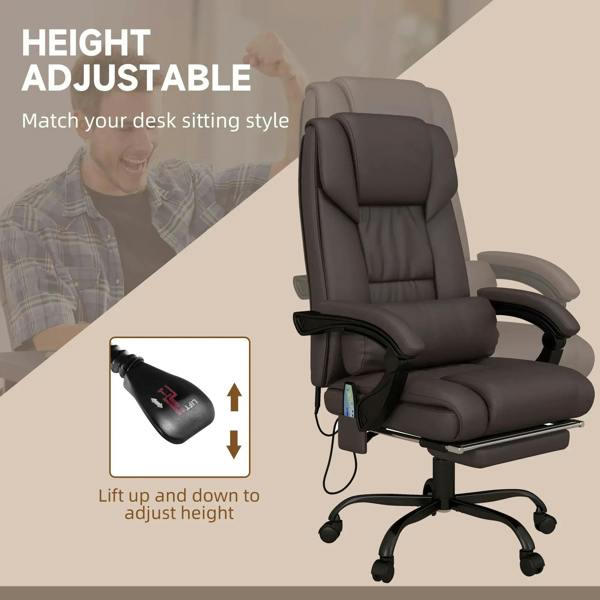 Brown adjustable-height massage office chair on casters with padded armrests