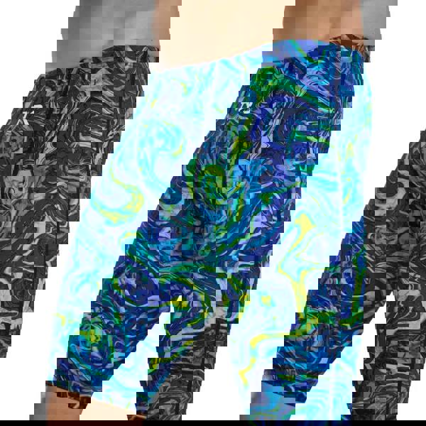 Blue and green marbled TYR Thresher Hyperblitz swim jammer trunks with yr logo