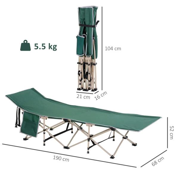 Green single-person folding camping cot with side pocket and carry handles