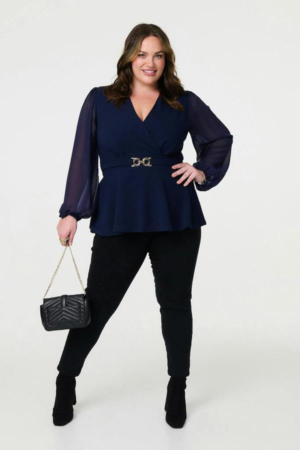 Navy | Curve Sheer Sleeve Wrap Front Blouse