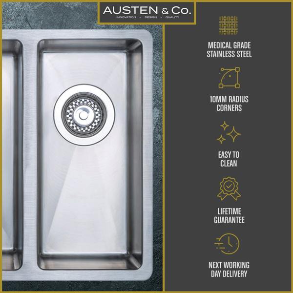 Austen & Co. Como Stainless Steel Extra Large Inset & Undermount 1.5 Bowl Kitchen Sink - Right Hand Main Bowl