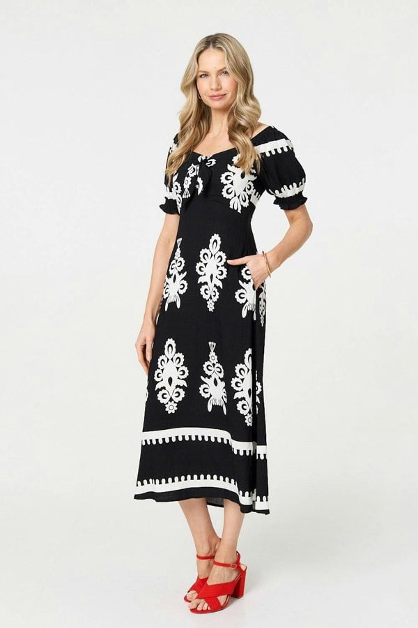 Black | Printed Puff Sleeve Tie Front Midi Dress

