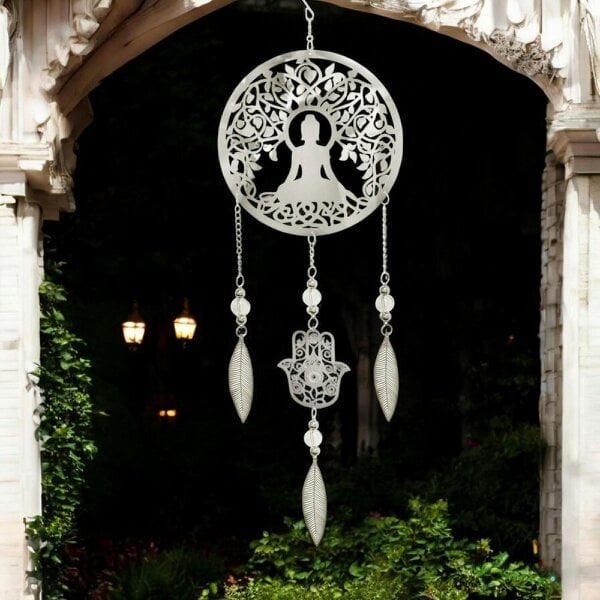 EDH Door Hardware Buddha Stainless Steel Hanging Dreamcatcher – 59cm x 18cm | Spiritual Wind Spinner for Indoor & Outdoor Use | Zen Garden, Meditation