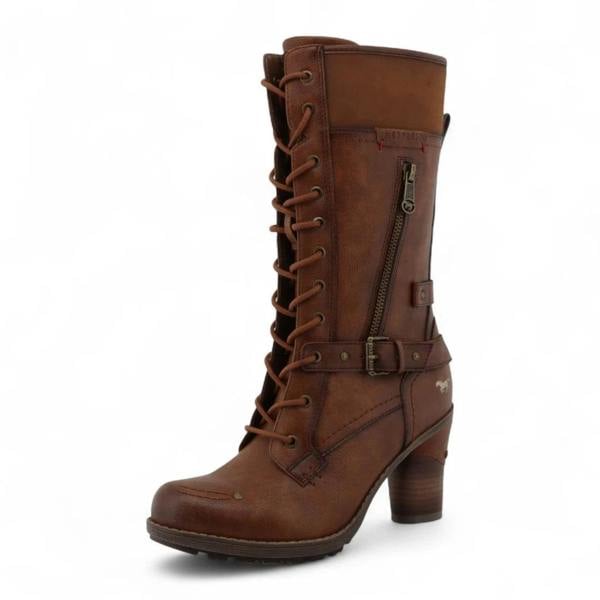Mustang Women's Brown Mid-Calf Lace Up Heeled Combat Boots