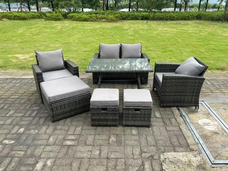 Fimous 7 Seater Dark Grey Mixed High Back Rattan Sofa Set Dining Table Garden Furniture Outdoor