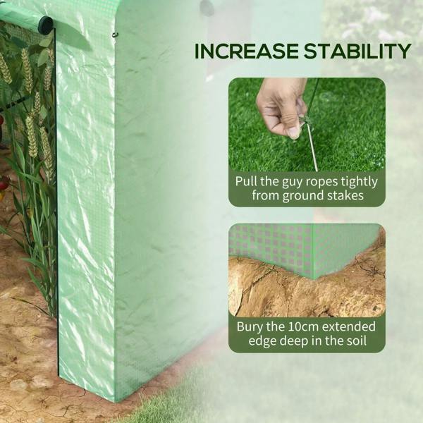 Corner base of green mesh greenhouse with guy rope attachment and ground stakes