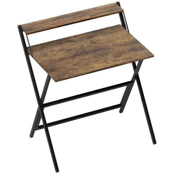 Folding computer desk with monitor shelf, rustic brown top and black metal legs