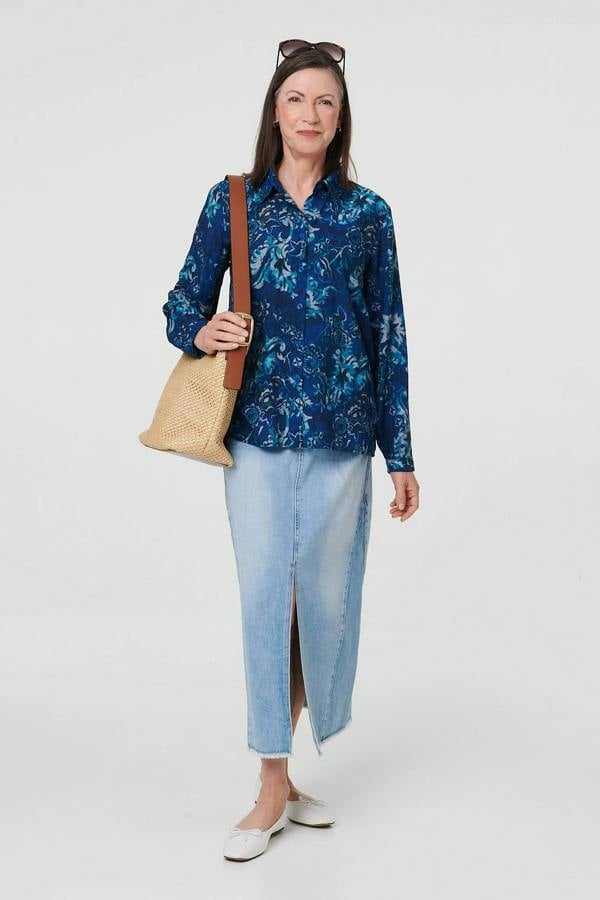 Navy | Floral Long Sleeve Collared Shirt