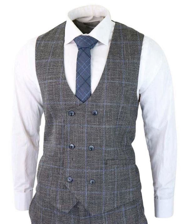House of Cavani Mens 3 Piece Grey With Blue Check Tweed Vintage Classic Suit