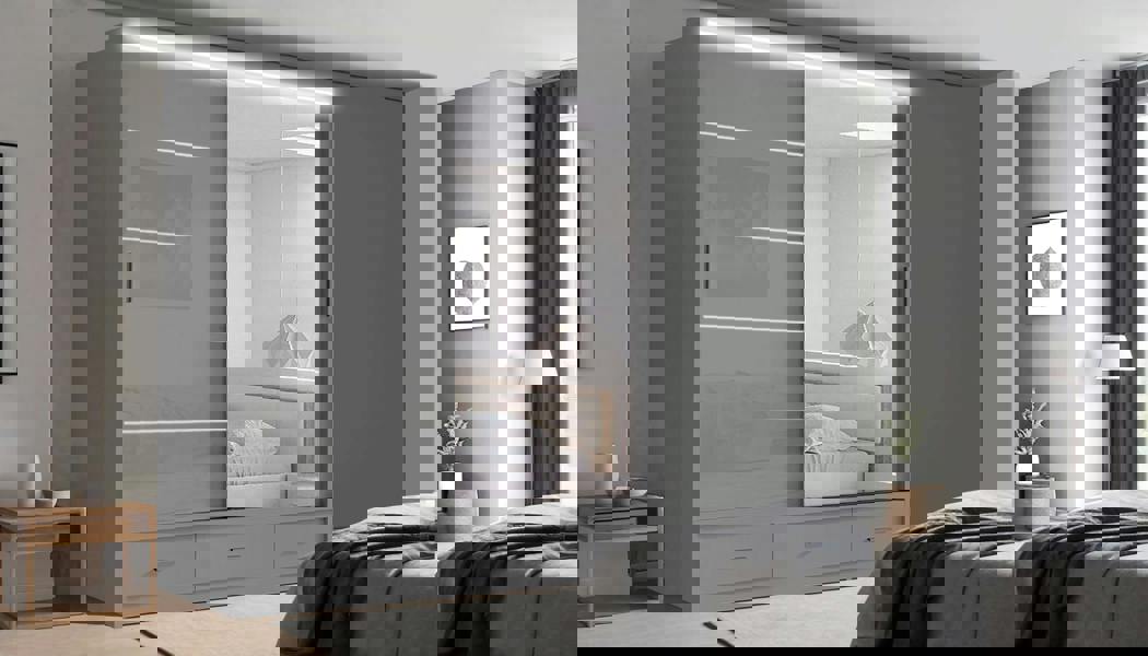 RAC3 Race to Road Stylish Bedroom Sliding Wardrobe with LED Light - Ample Storage Space and Sleek Design comes in White/Grey/Black & Width 205cm/256cm