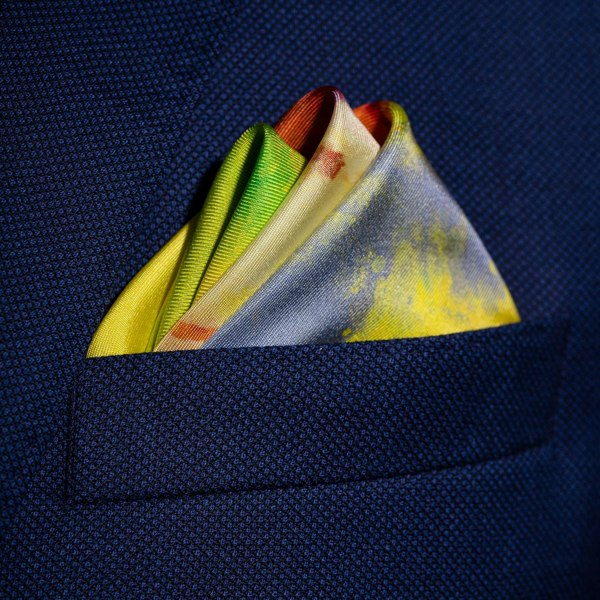 Baseball silk pocket square in yellow, green & navy blue by Otway & Orford folded in top pocket