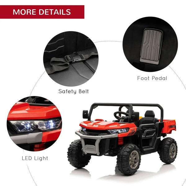 Red two-seat ride-on car with safety belt, LED headlights and foot pedal
