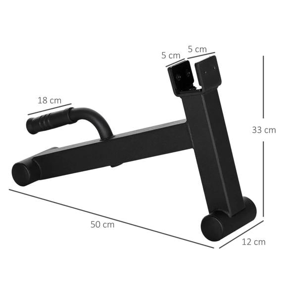 Black deadlift barbell jack with non-slip handle and front base foot, with size guide