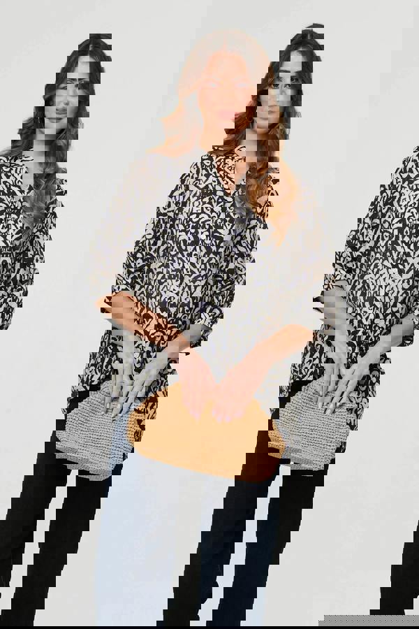 Navy | Printed Button 3/4 Sleeve Relaxed Blouse