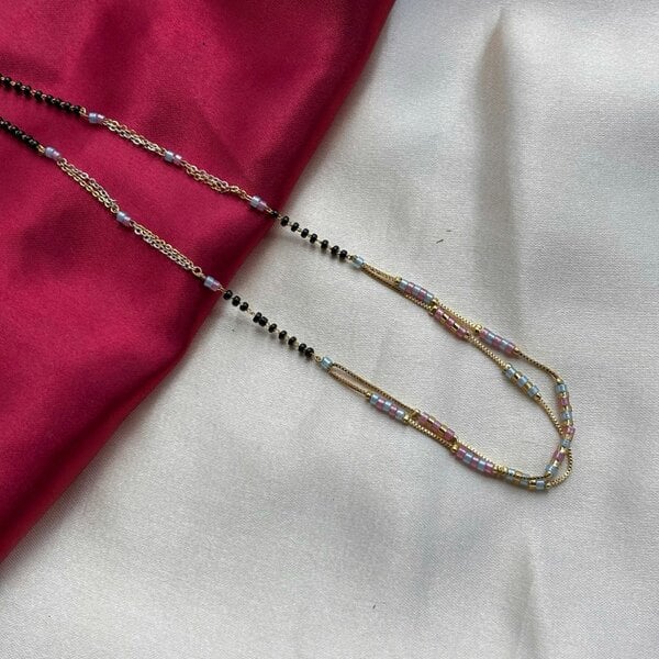 The Colourful Aura Two Layer Gold Pink Grey Seed Bead Indian Traditional Mangalsutra Necklace