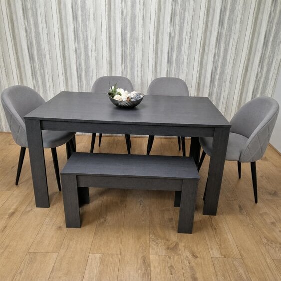 Kosy Koala Dark Grey Arrow Pattern Dining Table Set with 4 Grey Velvet Chairs & Bench, 140x80x75cm