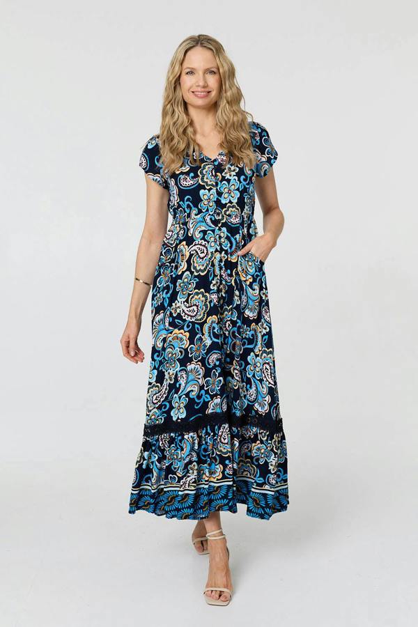 Blue | Floral Lace Trim Cap Sleeved Maxi Dress