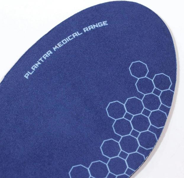 Close-up of blue Optimum insole heel with Plantar Medical Range text and hexagon print - Optimum