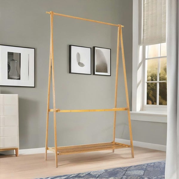 Rafaelo Mobilia Bamboo Folding Open Wardrobe Garment Rail With Storage Shelf Natural Brown