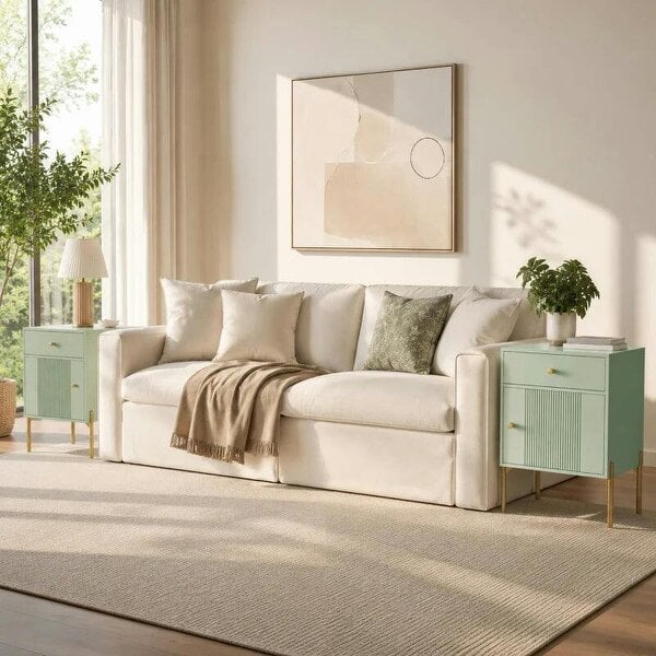 Modern Bedside Tables Set of 2, Side Tables with Drawer and Metal Legs for Living Room, Bedroom, Light Green