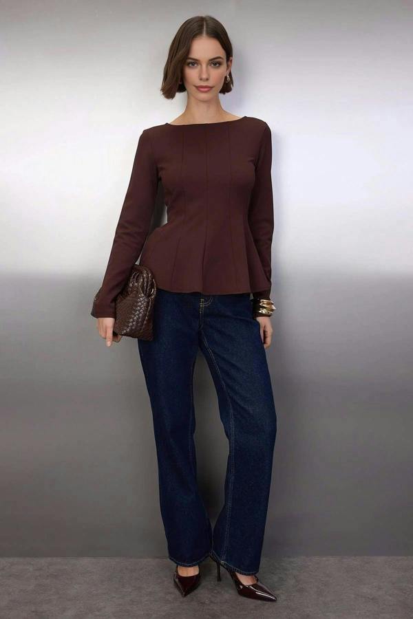 WOVCOR Boat Neck Peplum Knit Blouse