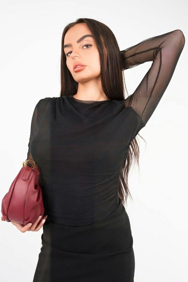 Maelys Mesh Long Sleeve Ruched Longline Top - Black