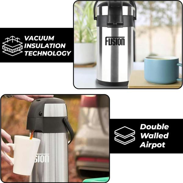 Fusion Food Care Airpot Flask 3L Double Wall Insulated Thermal Coffee Carafe with Pump Action & 360° Rotating Base
