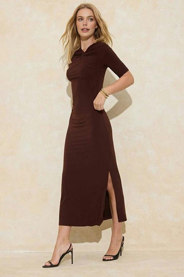 WOVCOR A-Line Asymmetrical Neckline Short-Sleeved Maxi Stretch Knit Dress