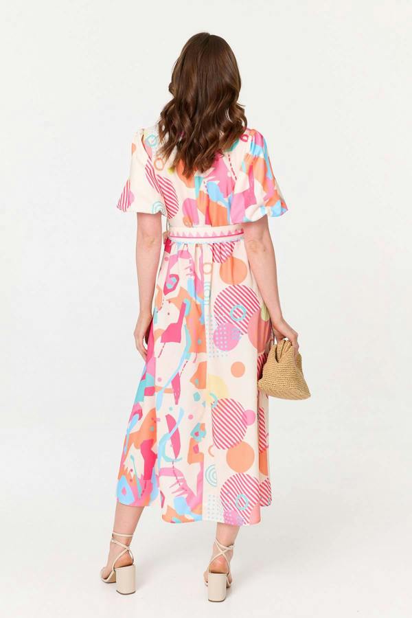 Pink | Abstract Short Puff Sleeve Midi Dress