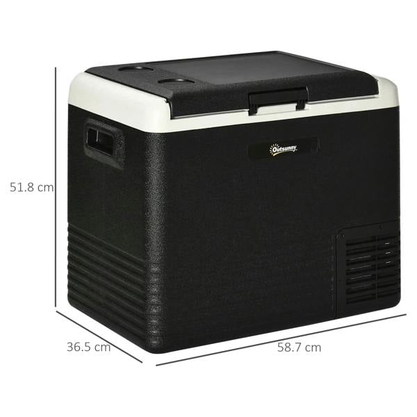 Portable car refrigerator cooler, side view with white top border and black vented panel