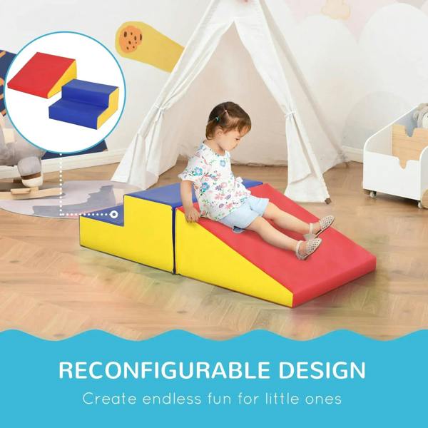 Foam toddler playset with red slide ramp, blue step block, and yellow base panels