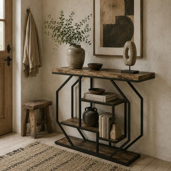 Wyld Haus Reello Metal And Wooden Rustic Brown 4 Tier Industrial Console Table