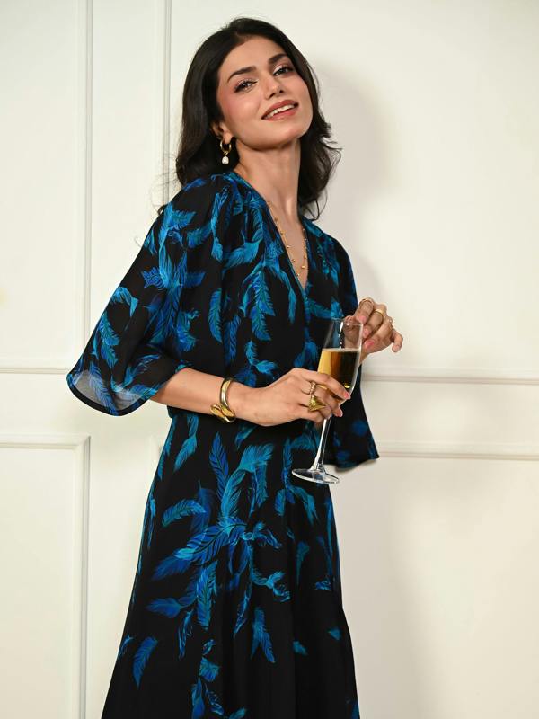 Rose & Nancy Talia Black Feather Print Maxi Dress