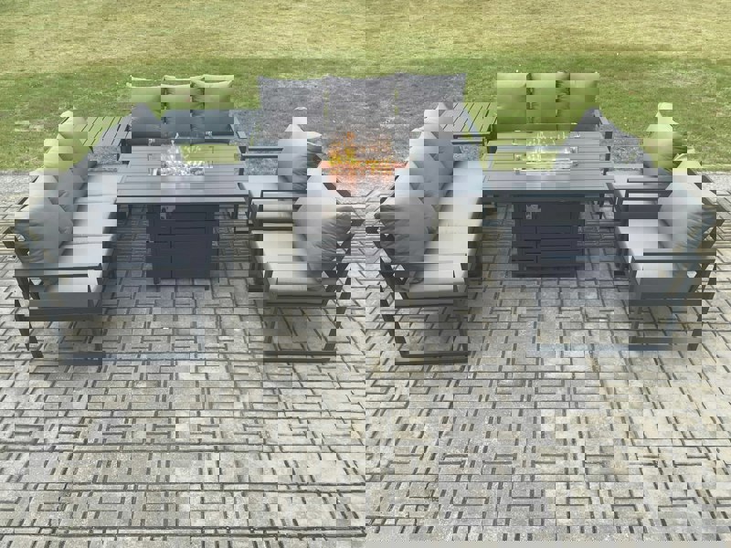 Fimous Aluminium 6 Pieces Garden Furniture Sofa Set with Cushions 8 Seater Gas Fire Pit Dining Table Set with Side Table Dark Grey