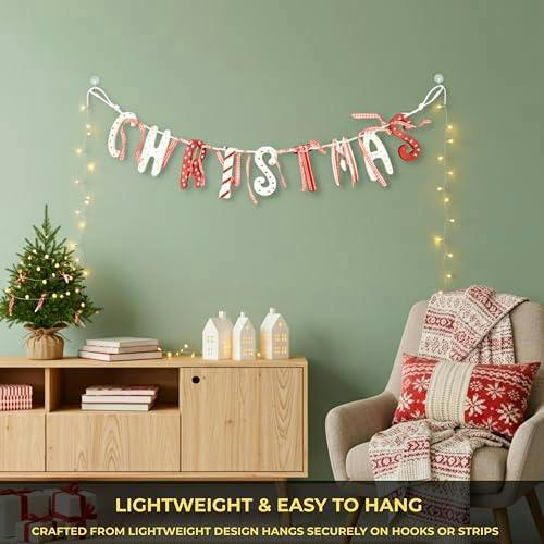 7cm Red & Cream Wooden Christmas Garland with Festive Patterned Letter Banner image 4