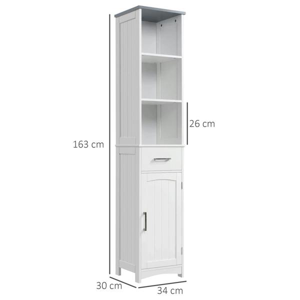 White tall bathroom cabinet with 163 cm height, 30 cm width, and 34 cm depth