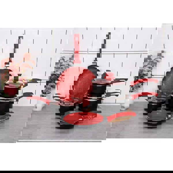 Gr8 Home Aluminium 8 Pc Marble Ceramic Non Stick Induction Frying Pan Saucepan Set Red