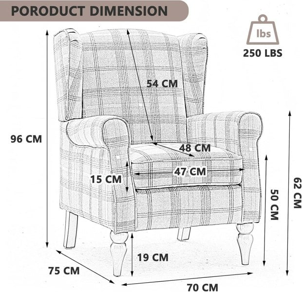 Furniture One Wingback Tartan Armchair, Retro Accent Chair Soft Padded Fabric Lounge Padded Sofa Chair with  Solid Wood Frame