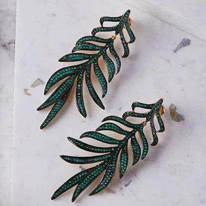 Feathered Leaf Statement Drop Earrings Green Cz - LATELITA Earrings