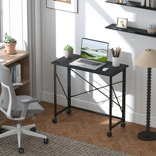 HOMCOM Folding Desk on Wheels, Writing Table for Home Office, Natural - Black - MDF, steel - 40