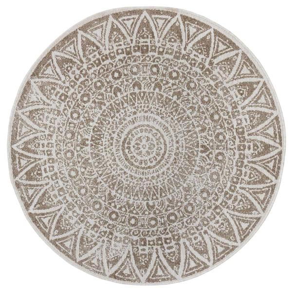 Round Lilja Vintage Brown Rug, reversible outdoor-indoor rug.
