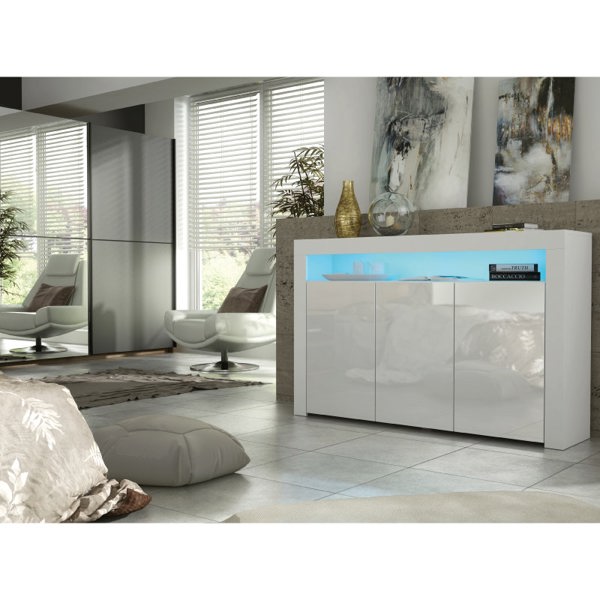 Mex Furniture 155cm Sideboard TV Stand Cupboard Cabinet – White High Gloss Doors with Free LED