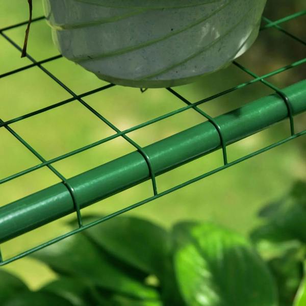 Walk-in greenhouse green steel frame bar and grid shelf support under clear cover